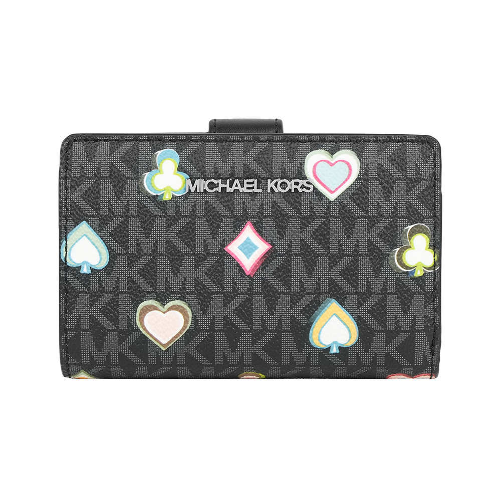 Michael Kors Jet Set 撲克牌花色塗層帆布釦式中夾(黑色), , large