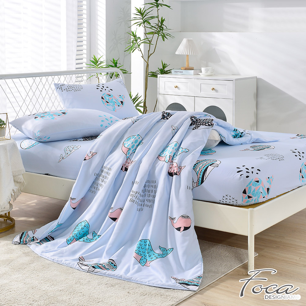 【FOCA】Deep Sea Blue Whale | 3M Patented Moisture-wicking, Breathable, Antibacterial Tencel Four-season Quilt/Cool Quilt Bed Sheet Set - Single