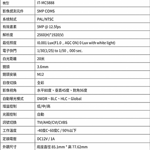 昌運監視器 ICATCH可取 IT-MC5888 500萬畫素 全彩同軸音頻半球攝影機 含變壓器, , large