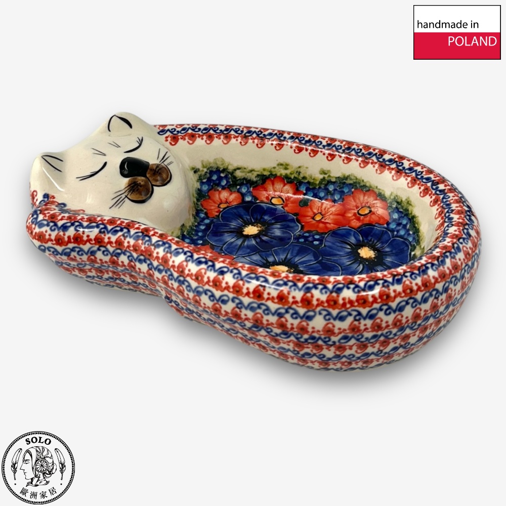 【SOLO Vintage】Cerraf Polish Pottery 24cm Cat Bowl Red and Blue Blossoming Elegance Series Made in Poland