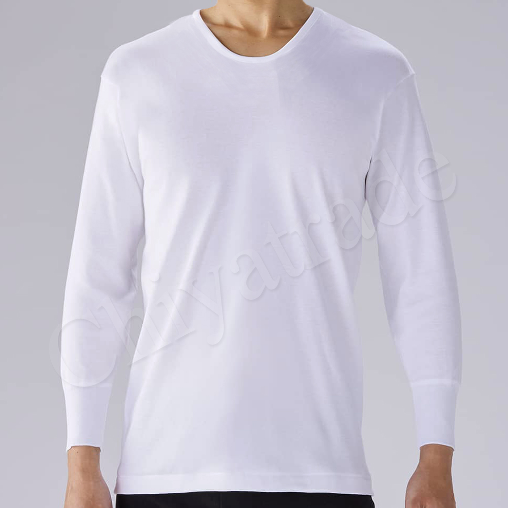 【日本郡是Gunze】日本製 抗菌防臭加工 100%純棉 男士 圓領 長袖內衣 衛生衣-白色(舒適親膚)-LL, , large