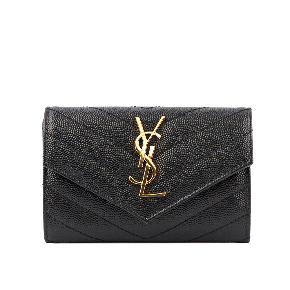 YSL 山形紋荔枝皮金字logo小卡/短夾/黑色, , large