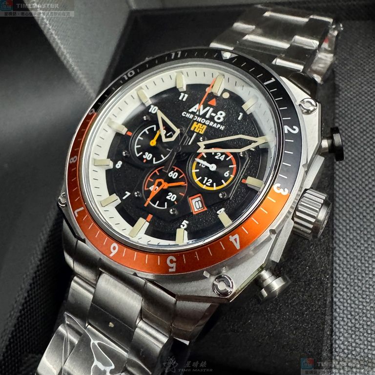 [星晴錶業]新品牌手錶,44mm,AV00003黑色錶面銀錶殼銀色精鋼錶帶款, , large