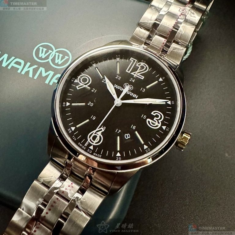 [星晴錶業]WAKMANN手錶,40mm,WA00051黑色錶面銀錶殼銀色精鋼錶帶款, , large