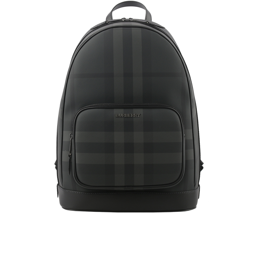 BURBERRY Rocco 格紋帆布及牛皮拉鍊口袋後背包/炭灰色