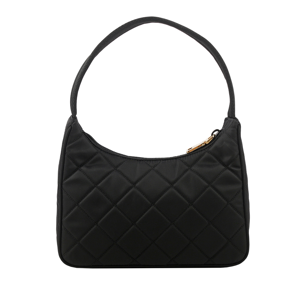 PRADA 金色三角牌Logo 菱格紋尼龍迷你手提包/黑色, , large