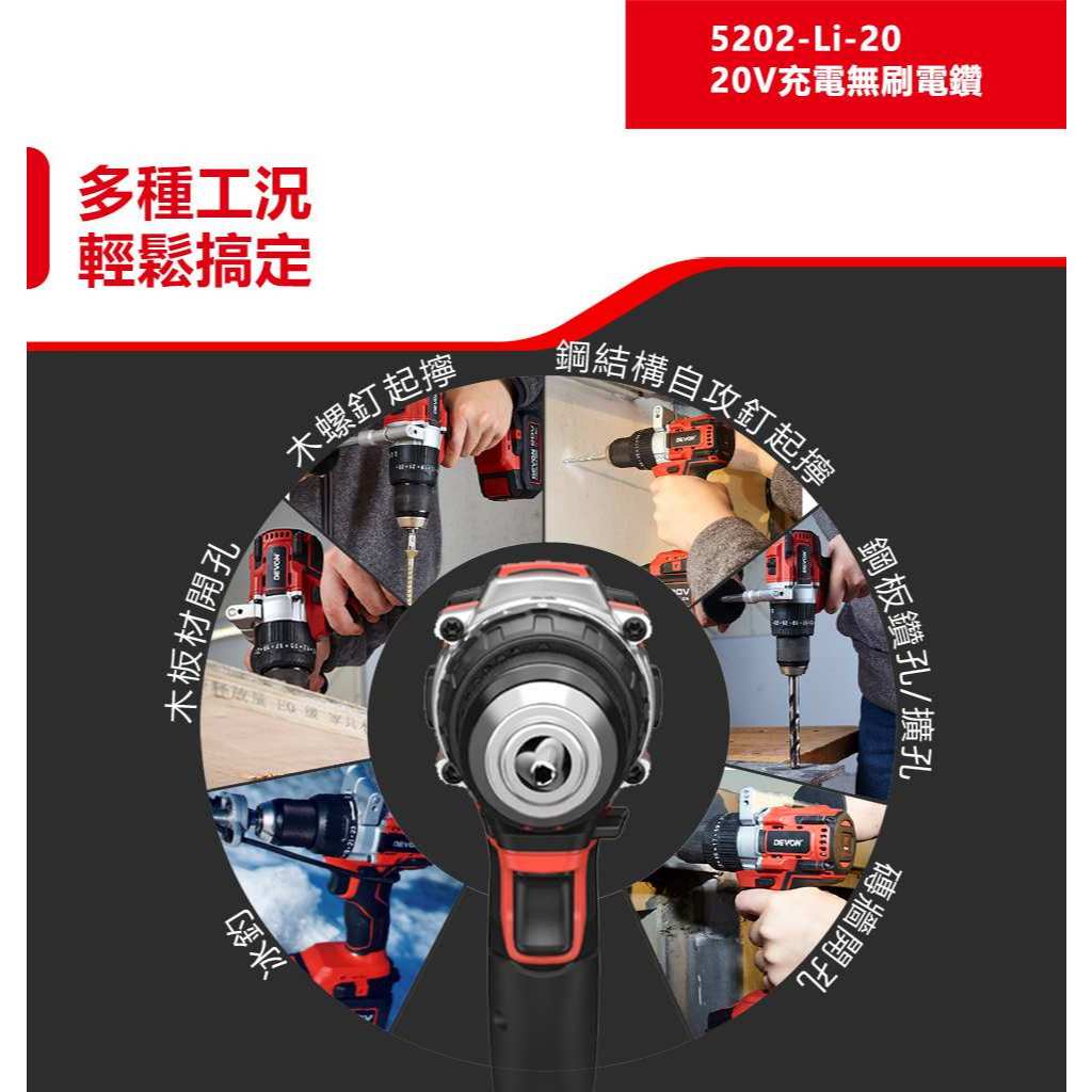 WIN五金 DEVON 大有 5202-Li-20 20V 無刷三用震動電鑽160Nm Turbo模式 板模電鑽, , large
