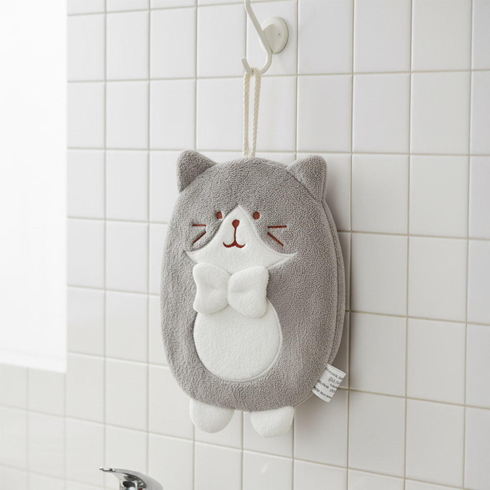 珊瑚絨小胖貓手巾【3色可選】 擦手巾 擦手布 擦手 毛巾 小方巾 加厚款 珊瑚絨 吸水手巾 吸水抹布 動物, , large