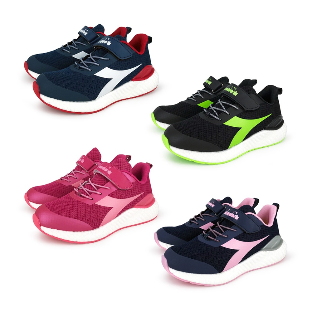 DIADORA迪亞多那 創新彈力科技大童鞋 童運動鞋 童鞋 魔鬼氈 透氣 保護後跟 緩震 止滑 藍白 黑綠 梅紅 藍粉