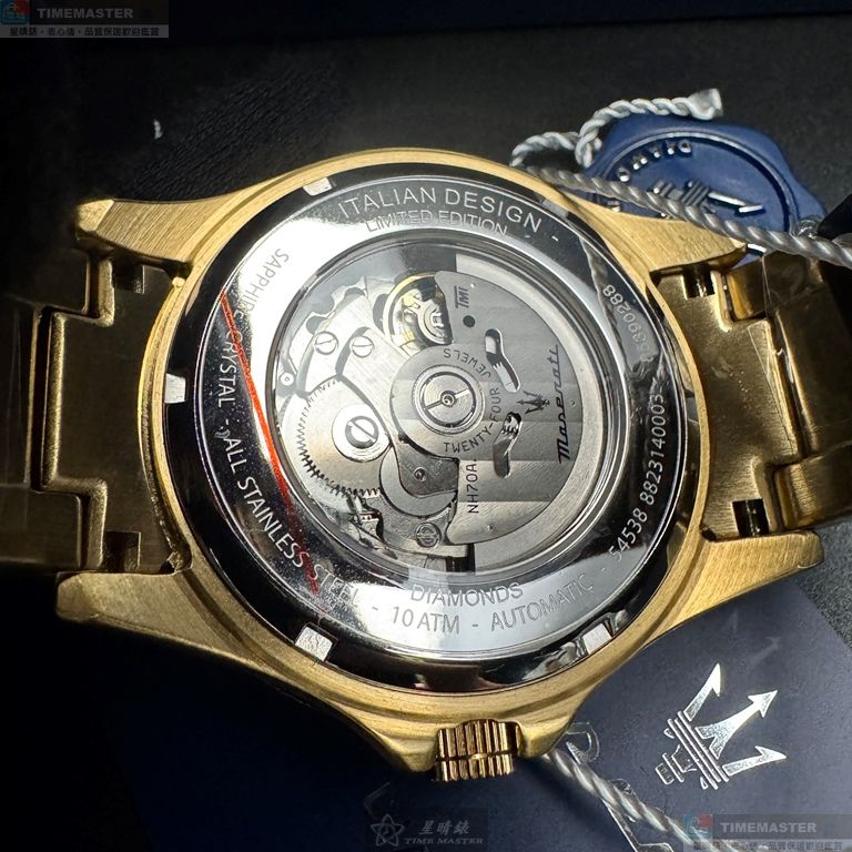 [星晴錶業]MASERATI手錶,44mm,R8823140003黑色雙面機械鏤空錶面金色錶殼金色精鋼錶帶款, , large
