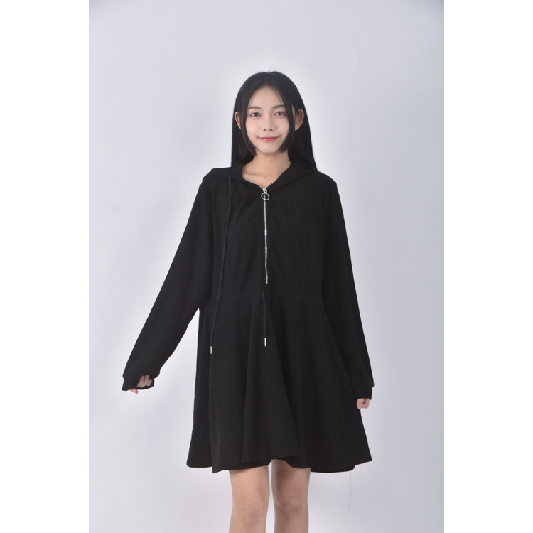 (XL) wy fashion韓牌拉鍊抽繩黑色洋裝二手衣, , large
