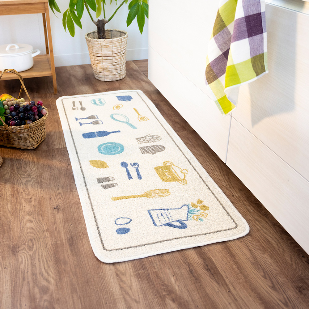 [Japan Oka] Made in Japan Recycled Printed Kitchen Mat 45×120cm (French Noon Scent Style / Machine Washable / 4mm Thick), , large