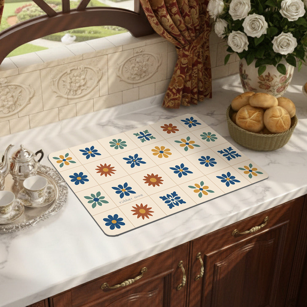 【Monster】 Soft Diatomaceous Earth Sink Draining Mat Language of Tiles  (45x30cm) –Floral Charm, , large