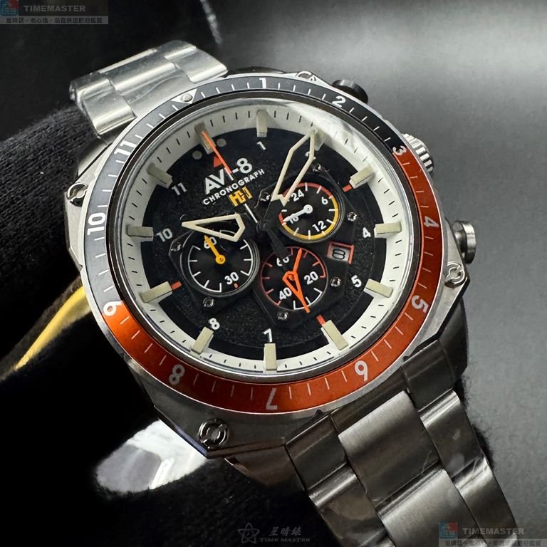 [星晴錶業]新品牌手錶,44mm,AV00003黑色錶面銀錶殼銀色精鋼錶帶款, , large