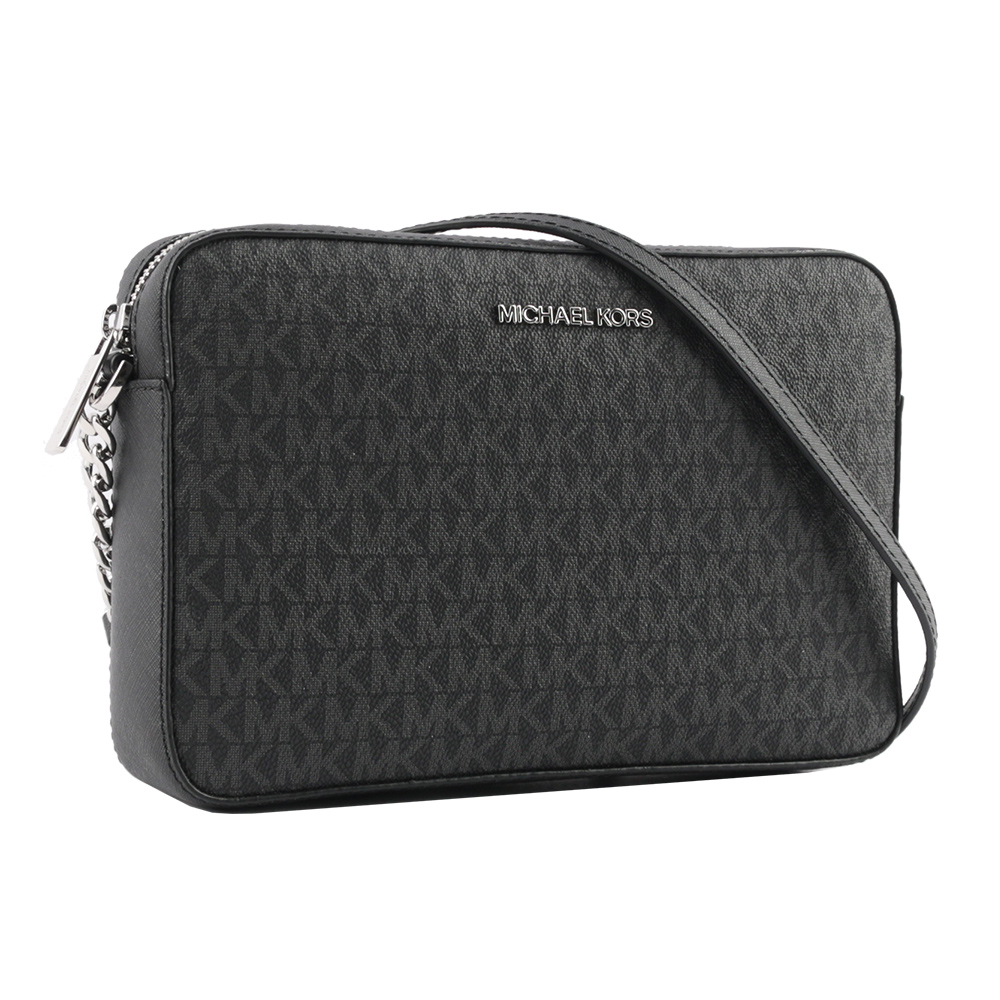 Michael Kors 銀字滿版LOGO拚色方形鏈帶斜背包/黑色, , large
