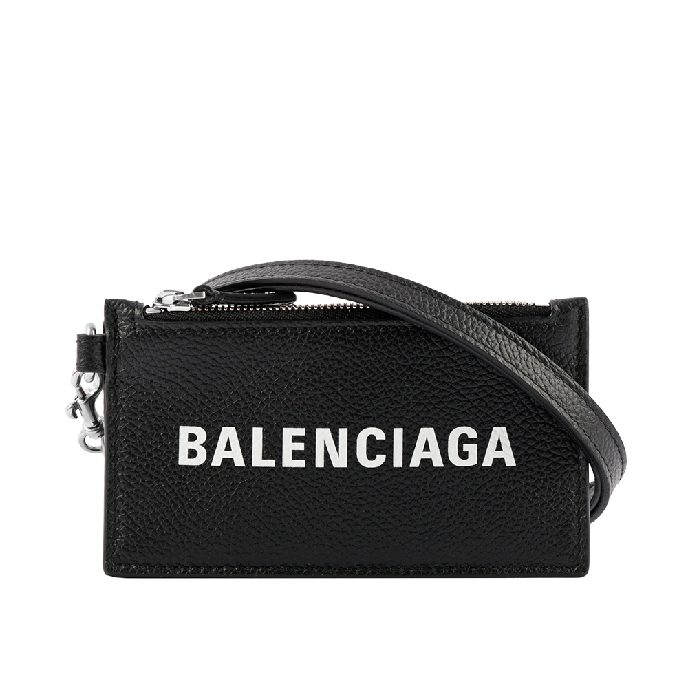 BALENCIAGA 經典Logo牛皮小款卡片夾/附可拆式掛繩/黑色, , large