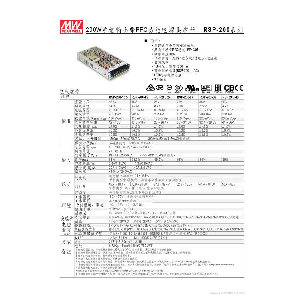 明緯 200W單組輸出電源供應器(RSP-200-12), , large