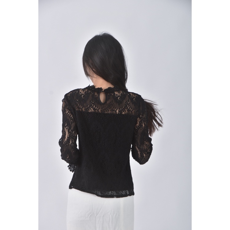 (S) 質感蕾絲圓領黑色長袖上衣二手衣, , large