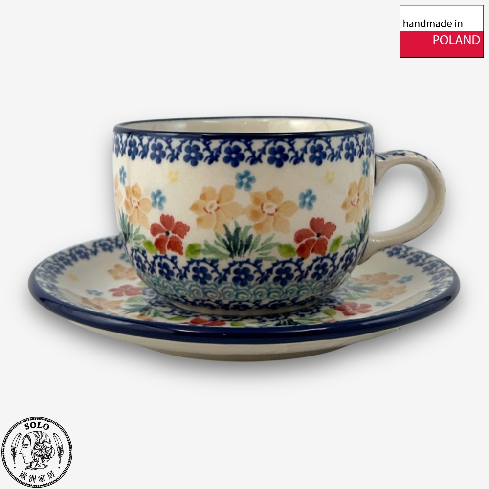【SOLO Vintage】CA Polish Pottery 200ml Coffee Cup + Saucer Set Spring Blossoms Dance Series Made in Poland