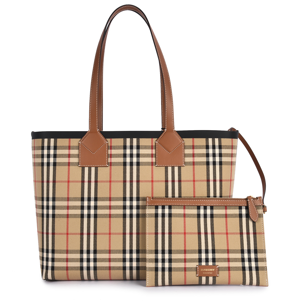 BURBERRY London經典格紋拼接皮革托特包, , large