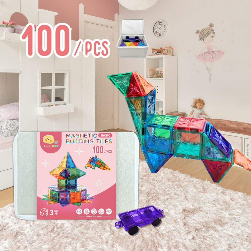 【啾愛你】ScienceBaby 附贈獨家棉麻硬收納盒 雪鑽磁力片 100片, , large