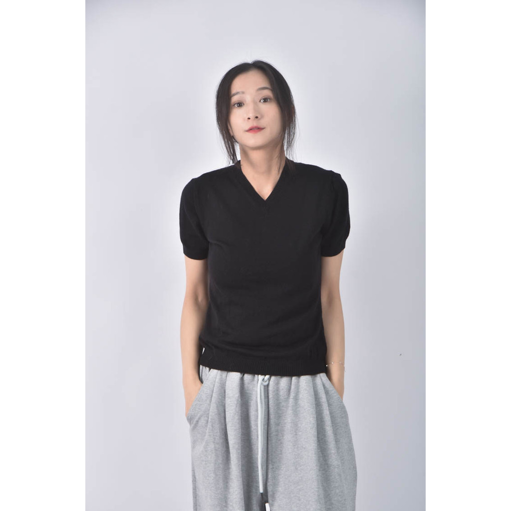 (XS（含）以下) burberryv領黑色短袖上衣二手衣, , large