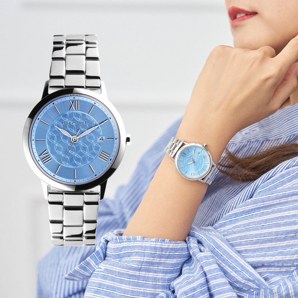 Relax Time RT-111 生命之花 花窗格紋時尚女錶 手錶 藍x銀 RT-111-2, , large