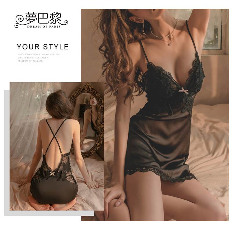 [夢巴黎]   法式蕾絲交叉露背睡衣 (附丁字褲) 蕾絲睡衣 連身睡衣 性感睡衣 居家服 睡裙 睡衣裙 女睡衣 睡衣, , large