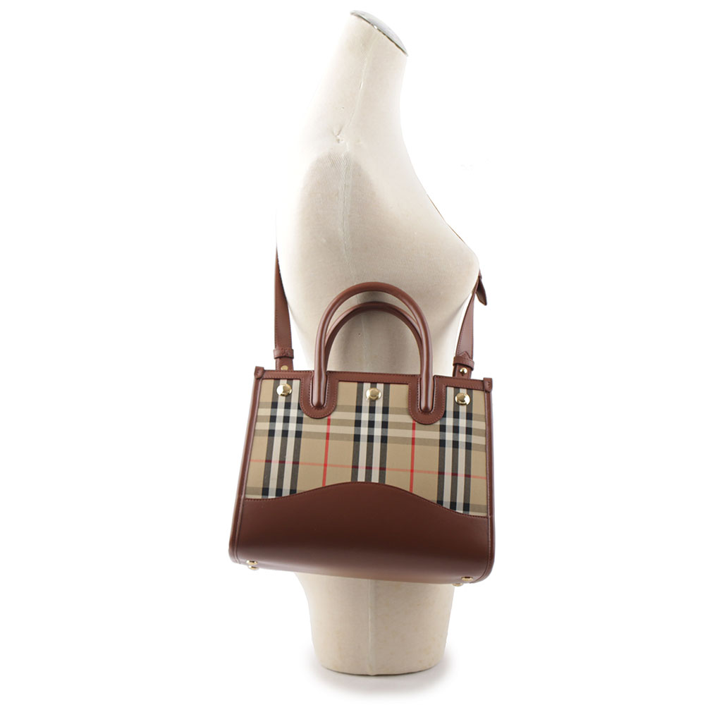BURBERRY Title 格紋帆布及小牛皮小款手提/斜背二用包/棕褐色, , large