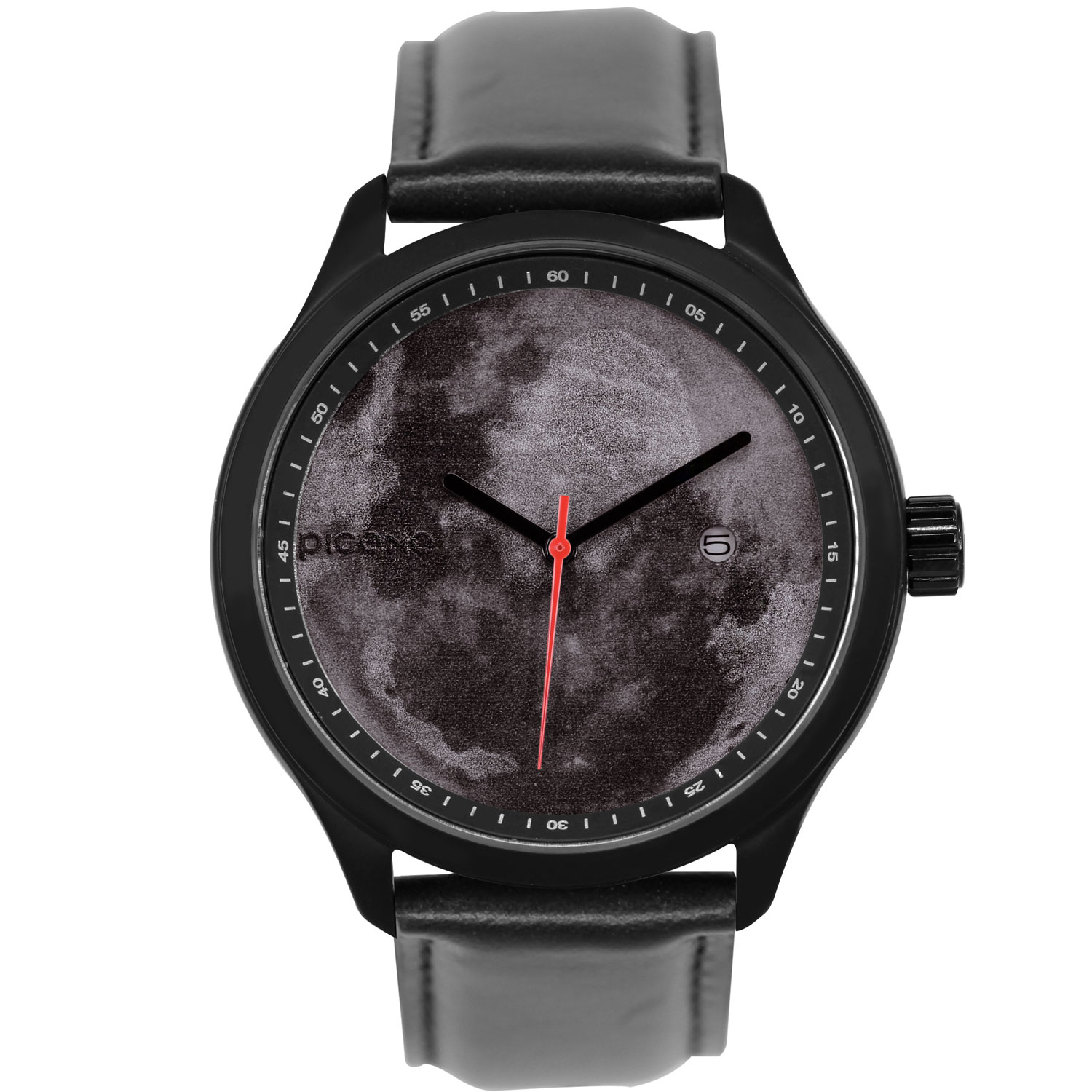 Space Xmas Minimalist black leather strap watch - Moon / MT-10801, , large