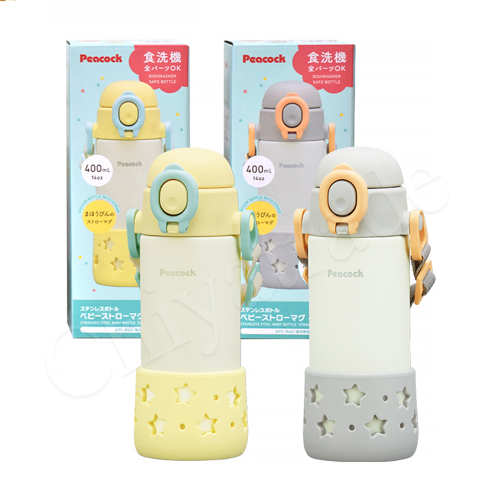【日本孔雀Peacock】耐衝擊底座  背帶式 一鍵彈開吸管杯 兒童不鏽鋼保溫杯水壺400ML-星光灰, 星光灰, large