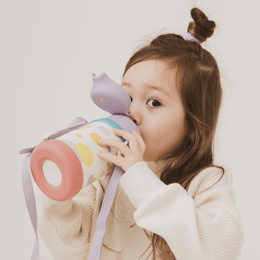 【日本孔雀Peacock】耐衝擊底座 直飲+吸管兩用 兒童不鏽鋼保溫杯水壺490ML(握把+背帶)-紫, 紫, large