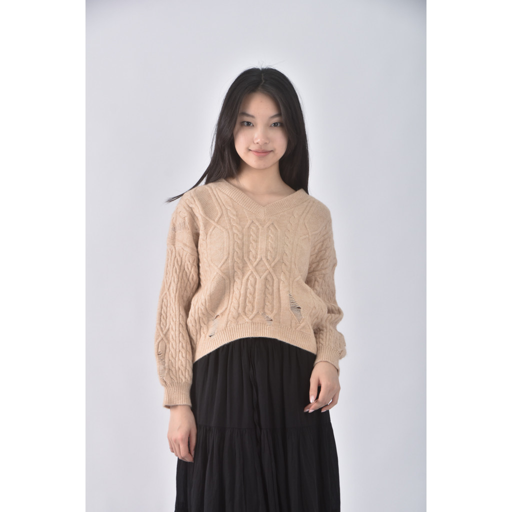 (XL) 質感V領杏色長袖上衣二手衣, , large