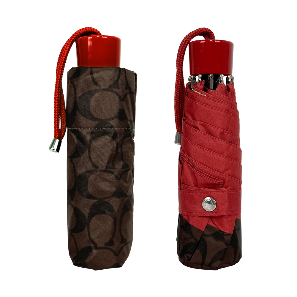 COACH CC Logo 滿版標誌環保材質迷你雨傘/棕色/亮紅色, , large