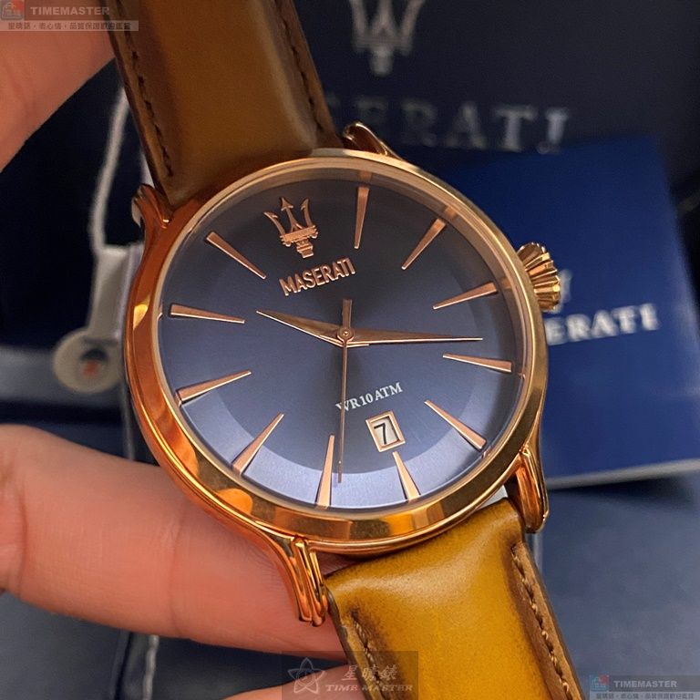 [星晴錶業]MASERATI手錶,42mm,R8851118001寶藍色錶面玫瑰金錶殼咖啡色真皮皮革錶帶款, , large