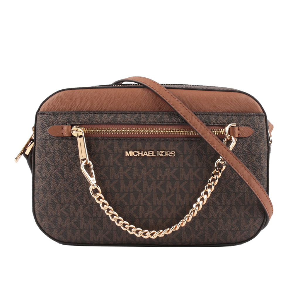 Michael Kors 金字滿版塗層帆布附鏈帶前口袋方包/咖啡色, , large
