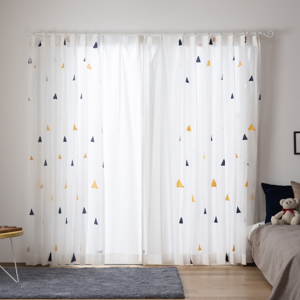 Ready-Made Sheer Curtains – Set of 2 Panels – "Triangular Rice Ball" Embroidered Design – Width 100cm, Height 163/208/238cm – Made in Taiwan – Kids’ Room – Machine Washable, , large