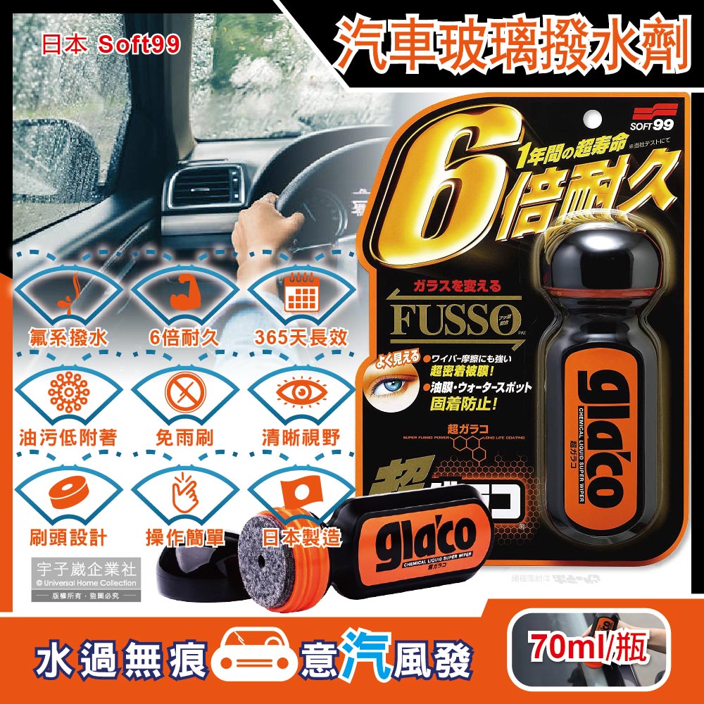 [日日好物]日本Soft99-免雨刷超級氟素6倍耐久力抗污耐磨防雨車用驅水玻璃精(C236)70ml/瓶(365天長效型撥水劑), , large