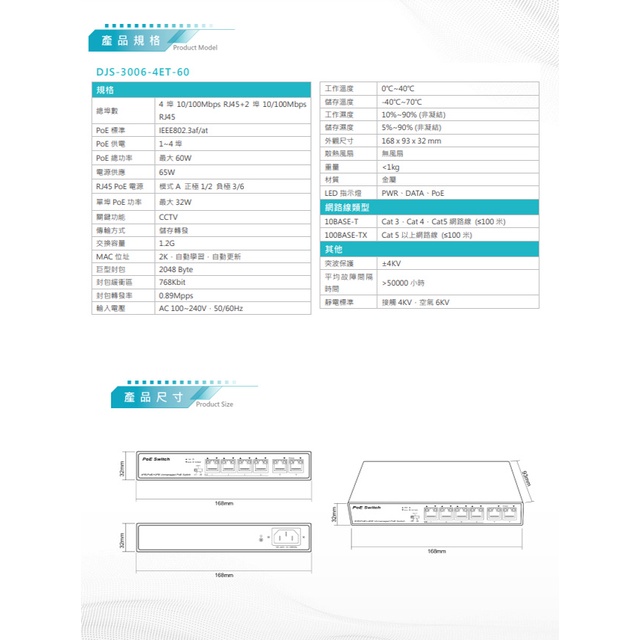昌運監視器 DJS-3006-4ET-60 4埠 10/100Mbps FE PoE 網路交換器 交換機 可供電250M, , large