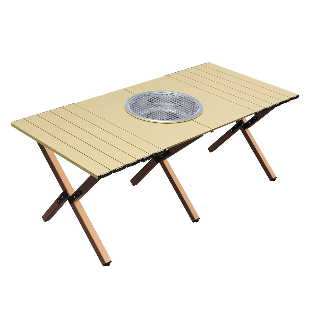 戶外露營多功能燒烤蛋捲桌卡其色（戶外露營摺疊桌 、燒烤露營桌、輕量摺疊露營桌）, , large