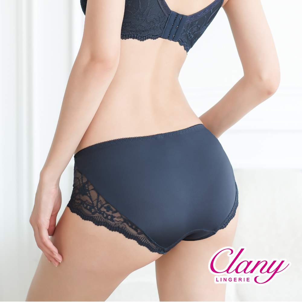 【Clany可蘭霓】台灣製 法蕾柔波 抑菌石墨烯中腰蕾絲 M-XL內褲 3066-62 深灰藍, , large