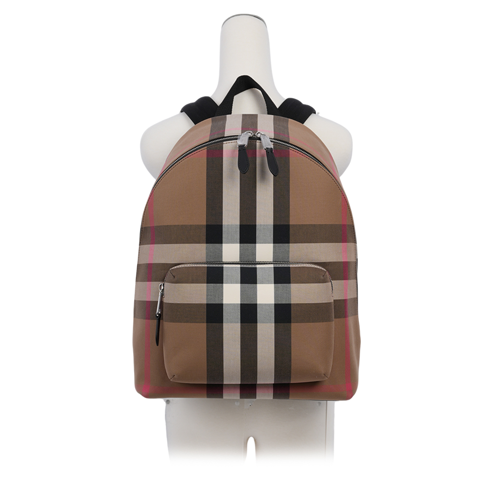 BURBERRY Jeff 大格紋帆布口袋拉鍊後背包/灰褐色/棕色, , large