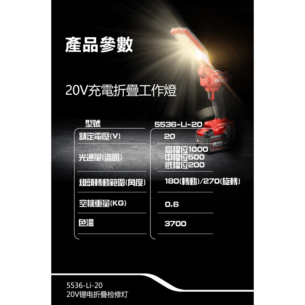 WIN五金 DEVON 大有 5536-Li-20 鋰電折疊檢修燈 270°旋轉 180°折疊 超強磁力 1000流明, , large