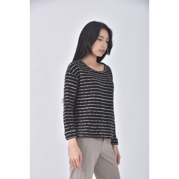 (L) t parts質感棉質條紋黑色長袖上衣二手衣, , large