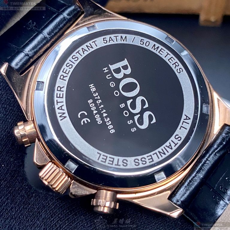 [星晴錶業]BOSS手錶,44mm,HB1513753黑色錶面玫瑰金錶殼深黑色真皮皮革錶帶款, , large