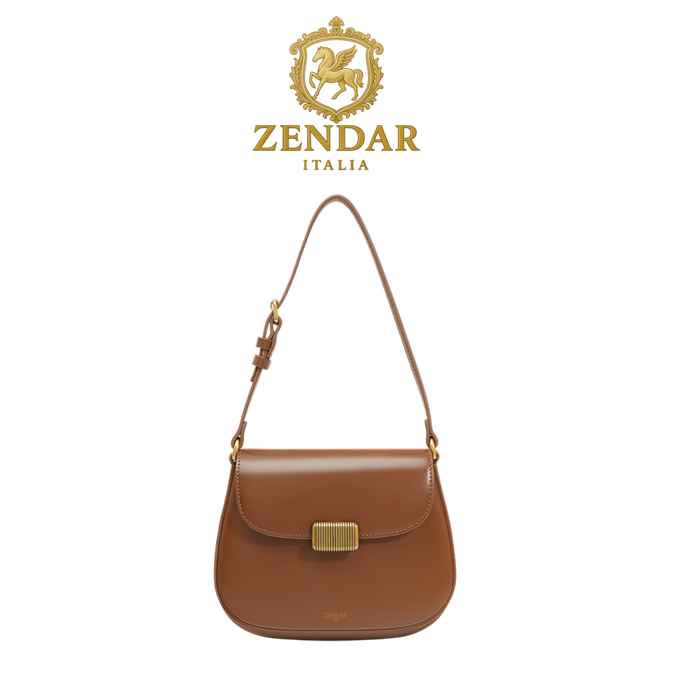 【ZENDAR】限量1折 頂級小牛皮肩背包馬鞍包 尤妮爾系列 全新專櫃展示品(咖啡色), , large