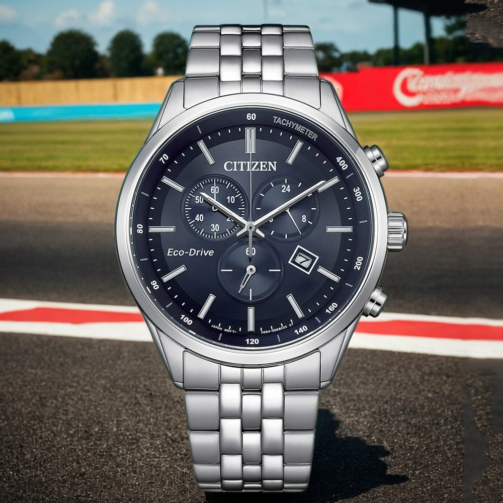 CITIZEN 星辰 亞洲限定款 海軍藍 光動能三眼計時手錶-42mm AT2570-56L, , large