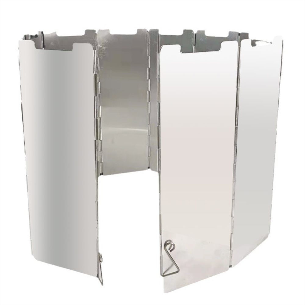 10-piece lightweight portable folding windbreak for outdoor camping, portable gas stove, windproof, fireproof, suitable for outdoor picnics and hiking. Comes with storage box.