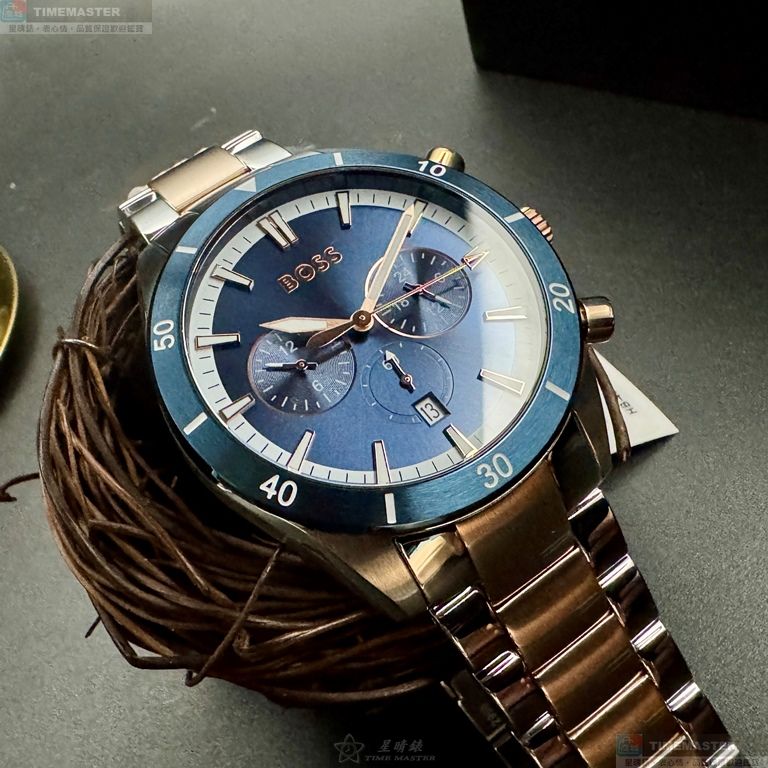 [星晴錶業]BOSS手錶,46mm,HB1513937寶藍色錶面寶藍錶殼金銀相間精鋼錶帶款, , large