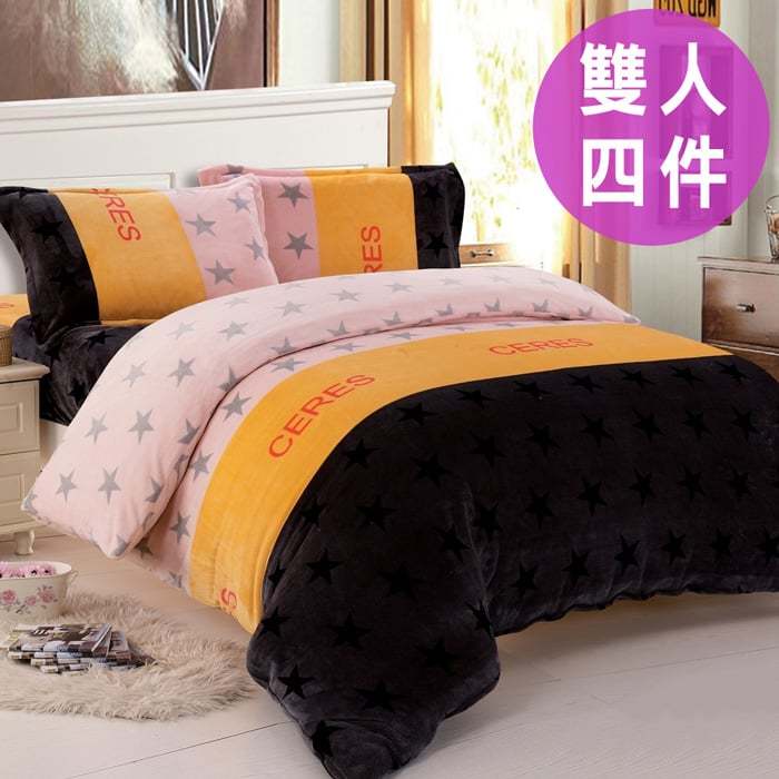 三浦太郎-優質法蘭絨雙人四件式床包被套組/粉舞星辰, , large